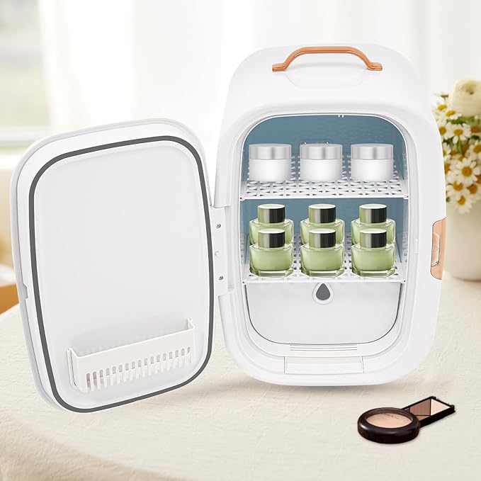 Mini Skincare Fridge,12L Makeup Cosmetics Refrigerator Beauty Fridge for Cosmetic Storage Skincare Fridge Portable Small Refrigerator for Cosmetics, Skin Care (White, W/LED Light Mirror)