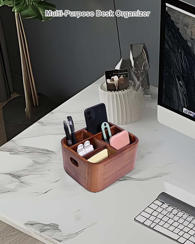 LYNG Acacia Wood Remote Control Holder Caddy, Solid Wood Organizer with 4 Adjustable Dividers & Handle, Remote Organizer for Coffee Table & Living Room