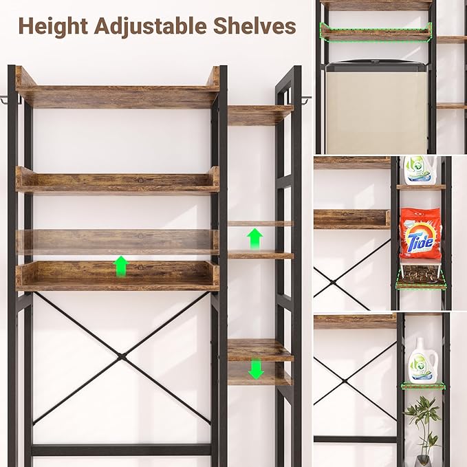 Over The Toilet Storage with 2 Drawers - 7 Tier Bathroom Organizer with Adjustable Shelf, Freestanding Space Saver Storage Rack Above Toilet Stand with 4 Hooks for Restroom, Laundry, Rustic Brown