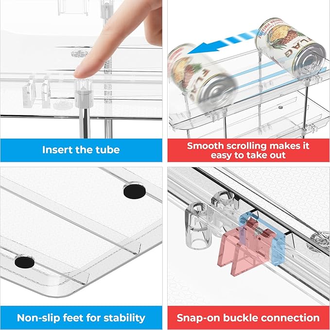 Stackable 4 Tiers Can Organizer Pantry, Canned Food Holder for Fridge Holds 48 Cans, Free Combination & Automatic Rolling, Space Saving Storage for Refrigerator Kitchen Pantry, Clear
