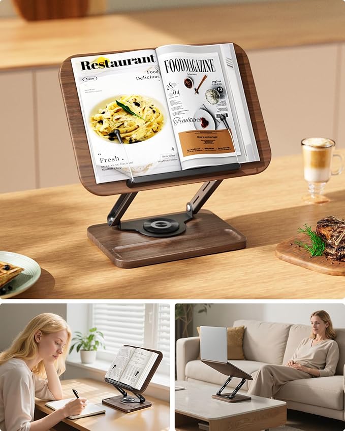 Viozon Book Stand for Reading, Book Holder 360° Rotating Base with Pen Slot, Foldable Reading Display Stand with Elastic Page Clips for Cookbook, Recipe, Textbook, Tablet, Laptop.