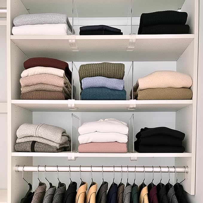 Shelf Dividers Purse Organizer for Closet: 12-Pack Acrylic Bag Storage Organizer for Handbags, Clutches, Clothes, Sweater, Towel on Wood Shelves