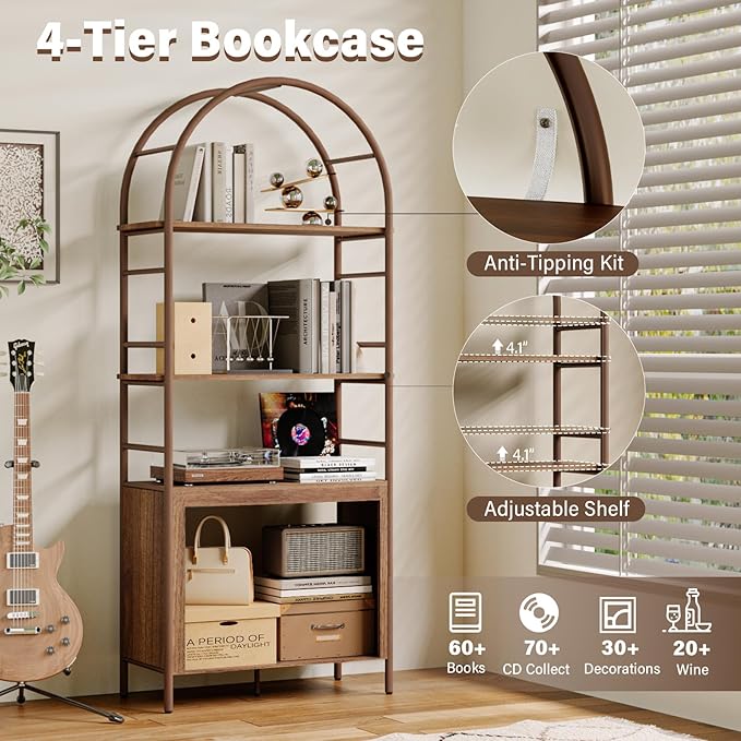 BREEZEHEAT 4-Tier Arched Bookshelf, 72" Tall Bookcase with Storage Shelves, Floor Standing Open Display Storage Shelf with Metal Frame, Large Organizer for Living Room, Home Office, Bedroom, Walnut