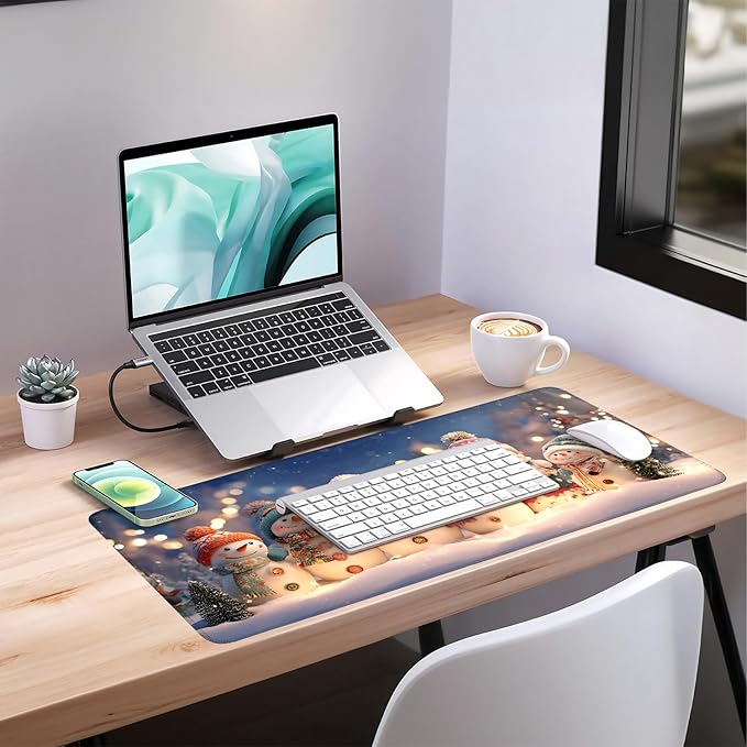 Six Snowmen Gaming Mouse Pad 35.4"x15.7"Desk Mat Anti-Slip Rubber Base & Durable Stitched Edges for Gamers Smooth Mouse Writing Surface for Desk Office/Home