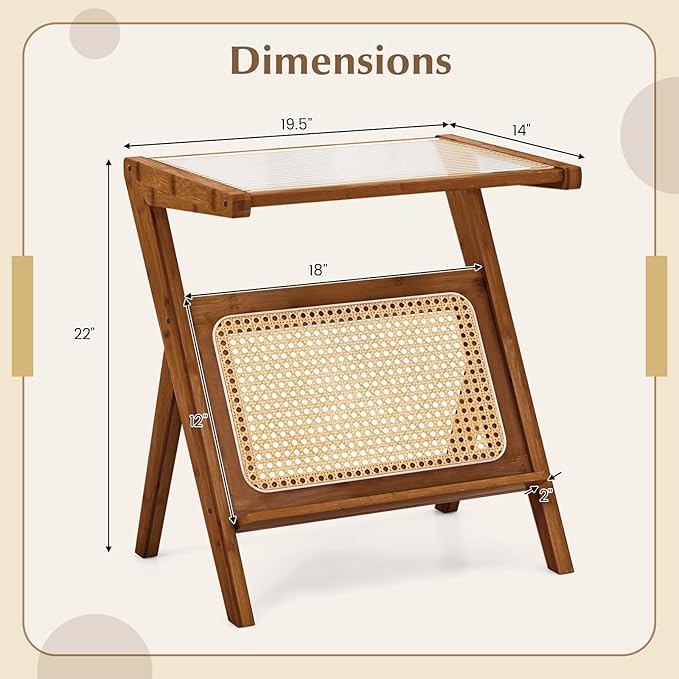 Giantex Rattan Side Table, Boho Nightstand with Glass Top & Magazine Rack, End Table with Storage, Bamboo Bedside Table for Small Space Living Room Bedroom (2, Walnut)