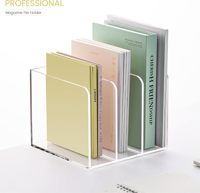 Acrylic Magazine Holder,Clear Desk Organizer with 3 Vertical Compartments,Magazine File Holder Sorter Rack Workspace Organizers for Home Office & Classroom(B5)