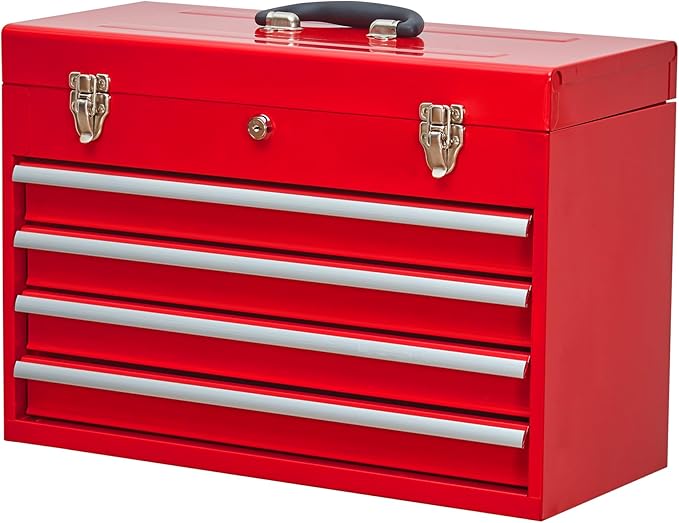 Metal Tool Box with 4 Drawers Portable Steel Tool Chest with Metal Cylinder Lock and Latch Closure, Liner, Red Powder Coating, Suitable for Garage, Warehouse and Outdoor Repair Job-Red