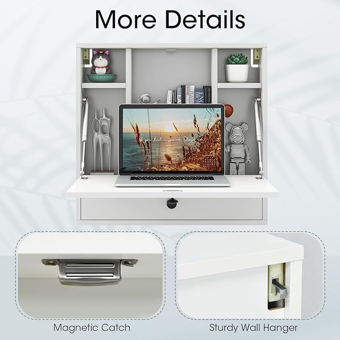 Tangkula Folding Wall Table - Floating Desk with Storage Drawer & Shelves (White)