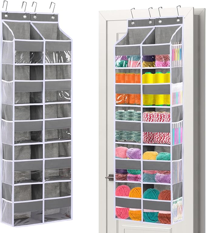 Over Door Yarn Storage Organizer Oxford Cloth Hanging Yarn Storage Organizer with 10 Deep Clear Pockets & 10 Mesh Side Pockets Extra Large Behind Door Storage for Crochet Accessories Knitting Supplies