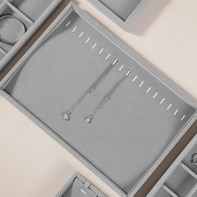 Velvet Jewelry Display Tray For Bracelet Pendant Necklace, Multi-Slot Stackable Storage Tray For Long Chain Jewelries, Drawer Insert Jewelry Organizer (Gray)