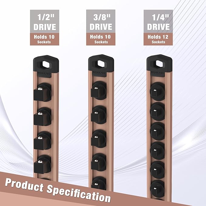 WORKPRO Magnetic Socket Organizer, 1/4-Inch Drive Aluminum Alloy Socket Rail, Heavy Duty Socket Holder, Socket Rack Kit 1/4-Inch x 12 Clips Champagne (Socket not Included)
