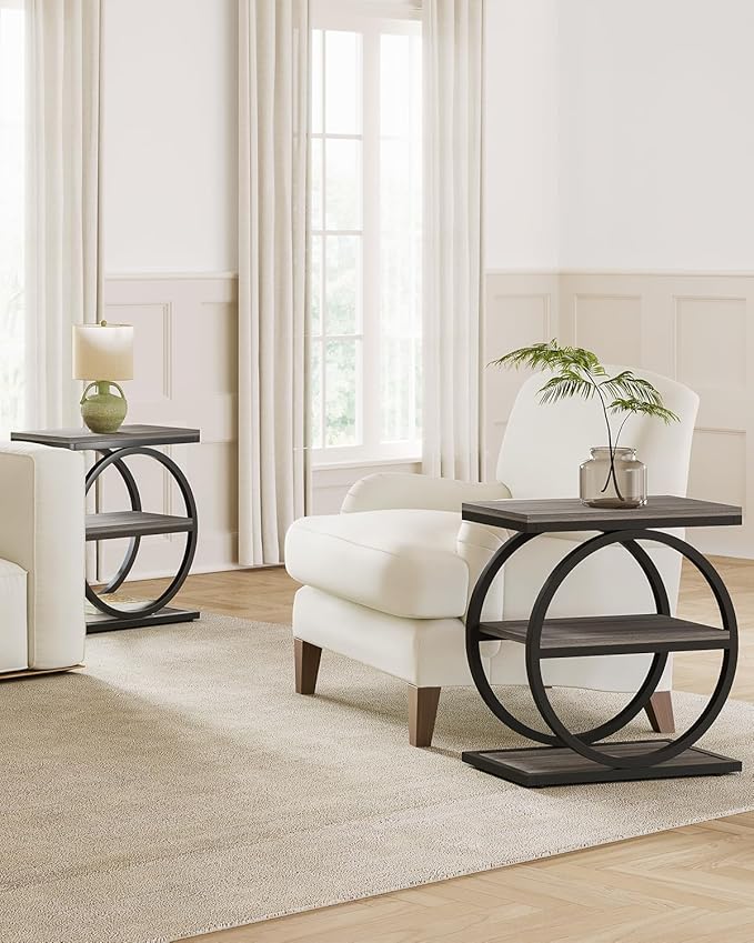 LITTLE TREE End Table Set 2, Side Table with 3 Tiers Shelves, Slim Sofa Side Table for Living Room, Tall Bedside Table Nightstand for Bedroom, Grey and Black