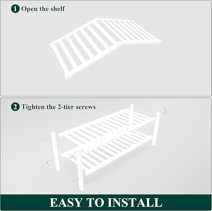 Smiry Bamboo Shoe Rack for Closet, 2 Tier Wooden Stackable Shoe Organizer, Free Standing Shoes Storage Shelf for Entryway, Front Door Entrance, White