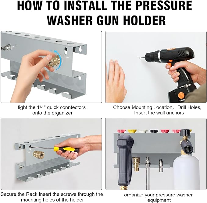 Wall Mounted Pressure Washer Gun & Foam Cannon Holder, Car Wash Accessories Storage Rack for Wand Extension and Nozzle Tips, Fits 1/4" Quick Connect, Gray