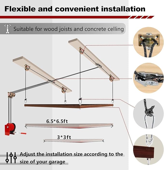 Overhead Garage Storage Lift Hoist, Heavy-Duty Ceiling Mounted Garage Storage Lift System for Organization - Supports 8-16ft Ceilings