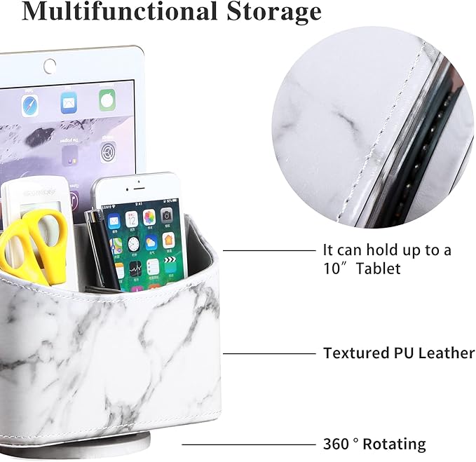 YAPISHI White Marble Leather Remote Control Holder,360 Degree Spinning Desk TV Remote Caddy/Box,Beside Table Organizer for Controller,Media,Makeup, Mobile Phone and Pen/Pencil Stationery Storage