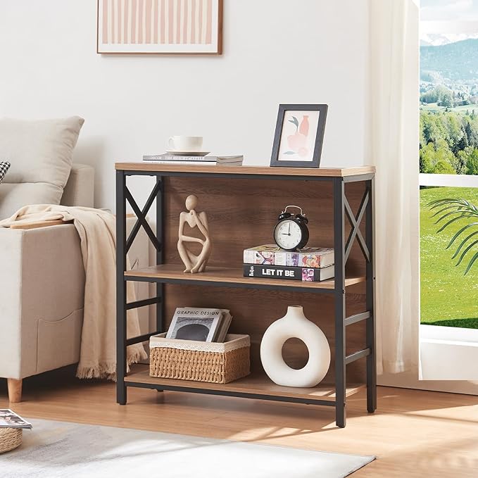 Small Bookshelf,3 Tier Industrial Bookcase with Metal Frame and Backboard,Low Rustic Brown Book Shelf,Book case for Small Spaces,Living Room,Bedroom and Home Office