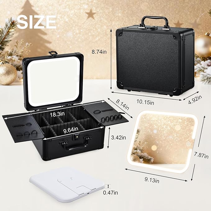Makeup Case with Magnetic Lighted Mirror Makeup Organizer Box Travel Cosmetic Case with 3 Colors LED Mirror Portable Vanity Make up Suitcase with Lockable Keys Dividers Brush Holder, Black