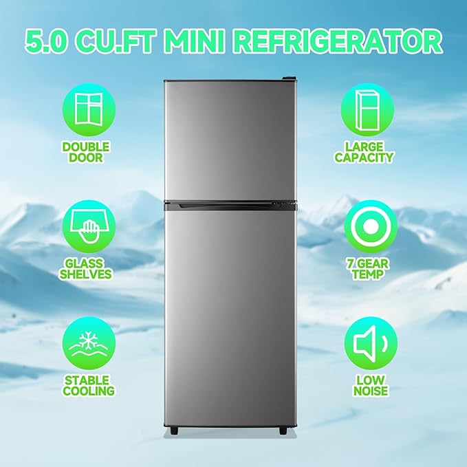 5.0 Cu.ft Mini Refrigerator with Freezer Small Fridge Drink Holder Double Door Refrigerator Adjustable Glass Shelves for Home,Apartment,Office Silver