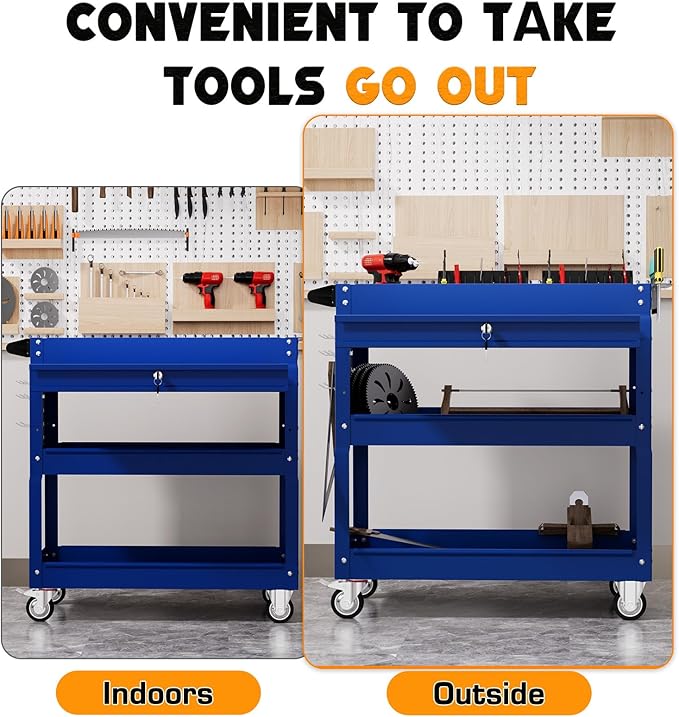 3 Tier Tool Cart on Wheels with Drawers - Three Tier Rolling Cart with Lockable Storage - Mechanic Tool Chest - Tool Chest with Wheels Used in Garage, Indoors, Workshop (Blue)