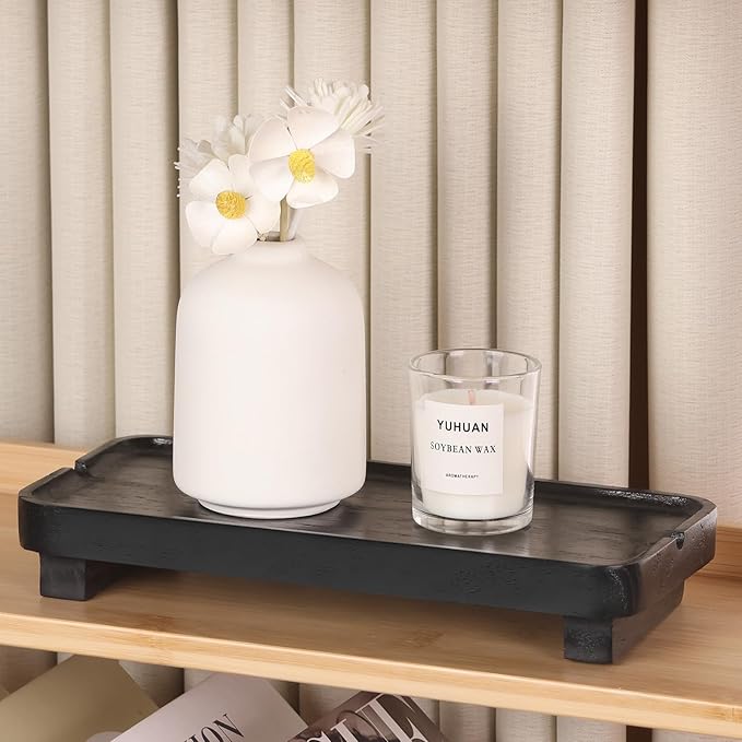 Wood Riser Small Decorative Tray Sink Soap Dish, Vanity Tray Pedestal Stand 10 x 4.5 inches (Black)