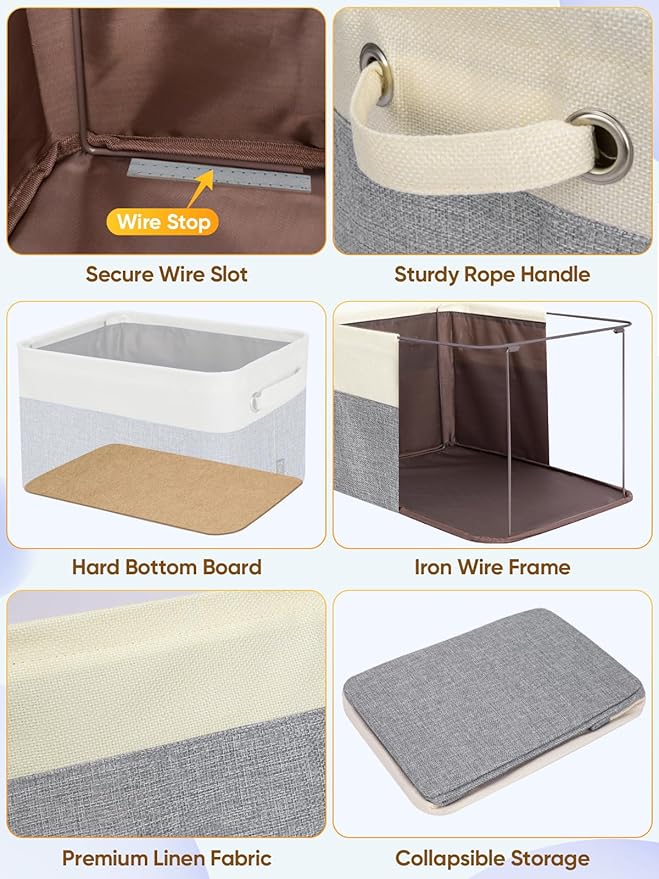 BALEINE 4 Pack Fabric Storage Bins for Shelves, Linen Storage Baskets for Organizing, Decorative Closet Bins for Clothes, Home (Grey, 17''x13''x10.5'')