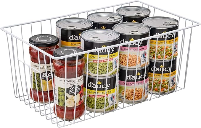 Freezer Baskets Organizer, Refrigerator Metal Wire Storage Divider, Household Container Bins with Handles for Kitchen, Pantry, Cabinet, Closets - Pearl White (6, 16in x 10in x 5.5in)