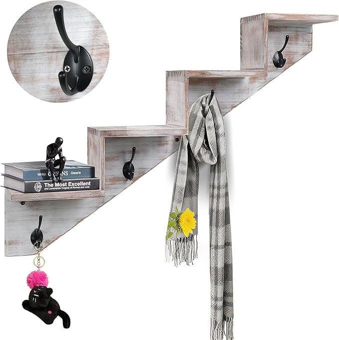 Coat Rack Wall Mount with Shelf, White Ladder Shelf with Hooks Underneath, Wall Mounted Rise Wooden shelves for Decorative, 4 Double Hooks for Hanging Coats, Keys, Books, Flowers, Planter, Towels