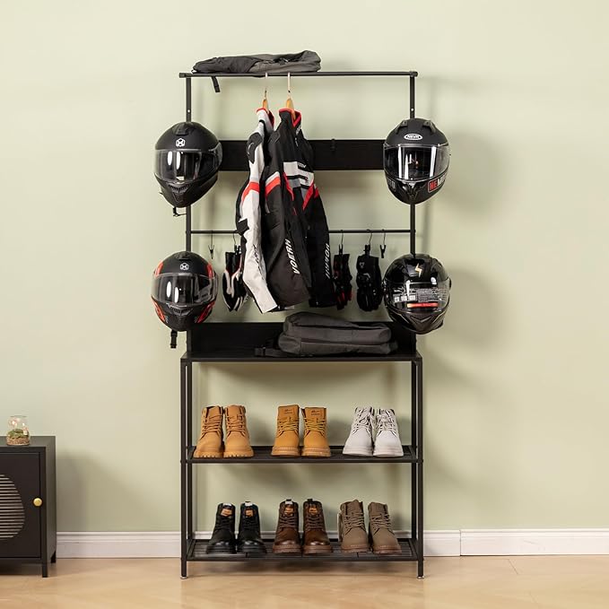 Motorcycle & Sports Helmet Rack & Gear Organizer – Fits 7 Helmets, Jackets, Boots & Gloves – Heavy-Duty Steel + Wood Storage Shelf for Home or Garage