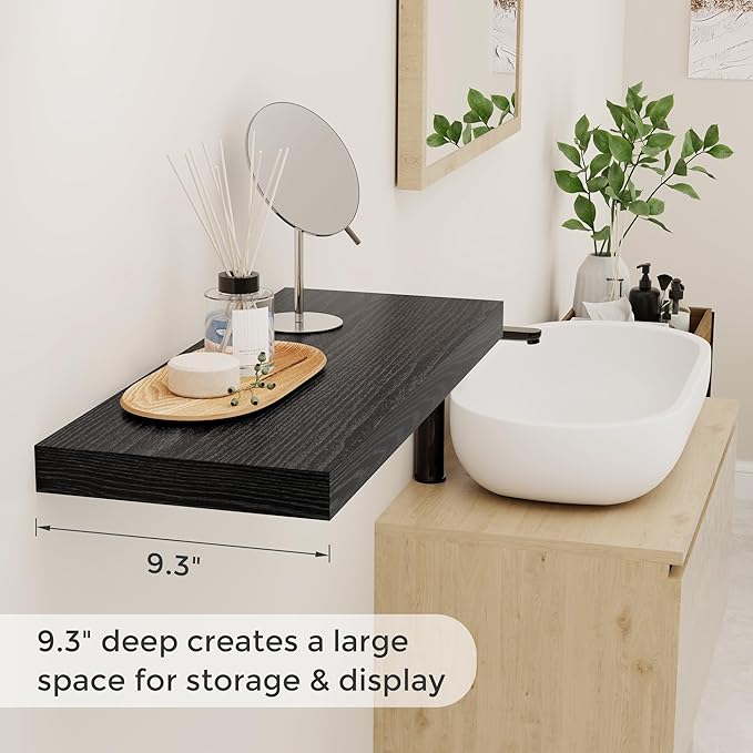 Black Floating Shelves 24 Inch Long 2 Pack for Bedroom|Kitchen|Bathroom, Wall Mounted Rustic Wood Wall Shelves, 9.3 Inch deep Floating Shelf with Invisible Brackets for Books|Storage|Decor