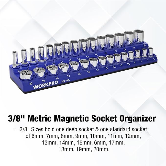 WORKPRO Magnetic Socket Organizer, 3/8-Inch Metric Socket Holder, Socket Trays Holds 30 Pieces Standard Size and Deep Size Sockets(Sockets not Included)