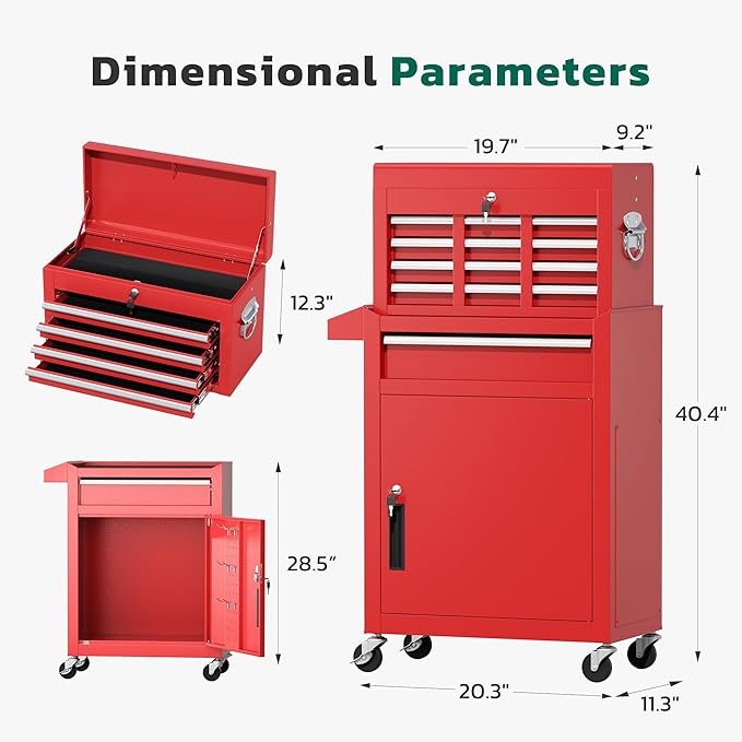 Greenvelly Tool Chest, 5-Drawer Rolling Tool Chest with Hooks and Lockable Wheels,Metal Storage Detachable Top Tool Box with Lockable Wheels for Garage,Workshop,Art Studio(Red)