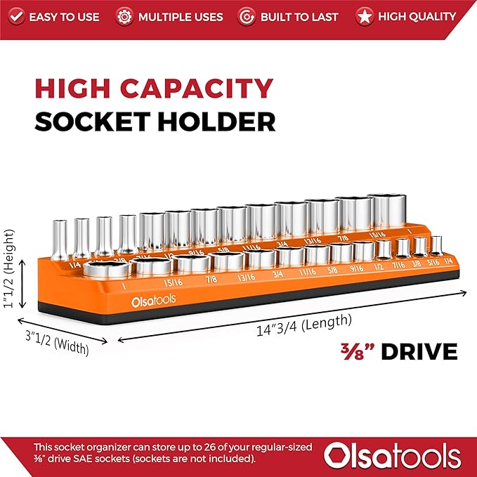 Olsa Tools Magnetic Socket Organizer | 3/8-inch drive | SAE Orange | Holds 26 Sockets | Professional Quality Tools Organizer