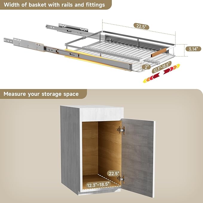 1 Pack Expandable Pull Out Cabinet Organizer，Side Mounting 12.3~18.5"x22.5"Cabinet Pull Out Shelves, Expandable Slide Out Spice Rack for Kitchen Bathroom Office