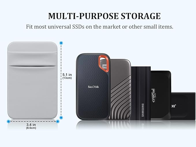 Lacdo Portable Hard Drive Sleeve for Laptop, 2-Pocket Stick on Pouch with Reusable Adhesive, for San Disk, Samsung, Crucial, Portable External Solid State Drive SSD Hard Drive Carrying Case, Gray
