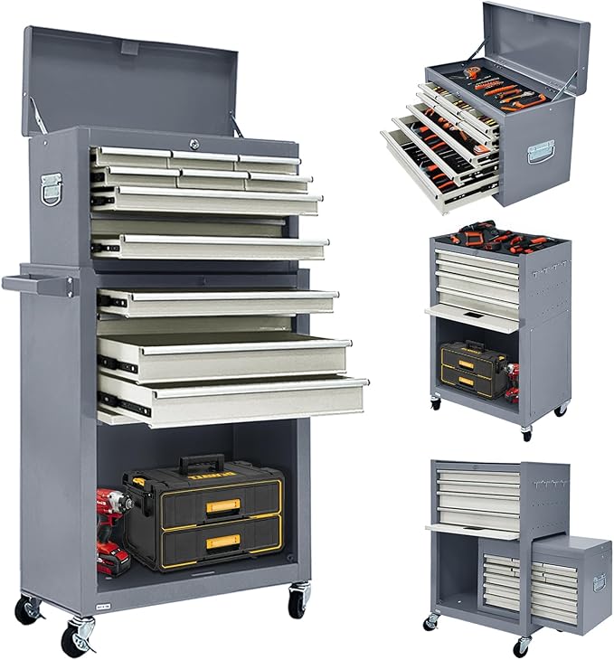 13-Drawer Rolling Tool Chest with Wheels, 2-1 Detachable Tool Chest with Drawers, Metal Tool Box with Lock, Large Tool Cabinet for Garage Workshop (Gray)