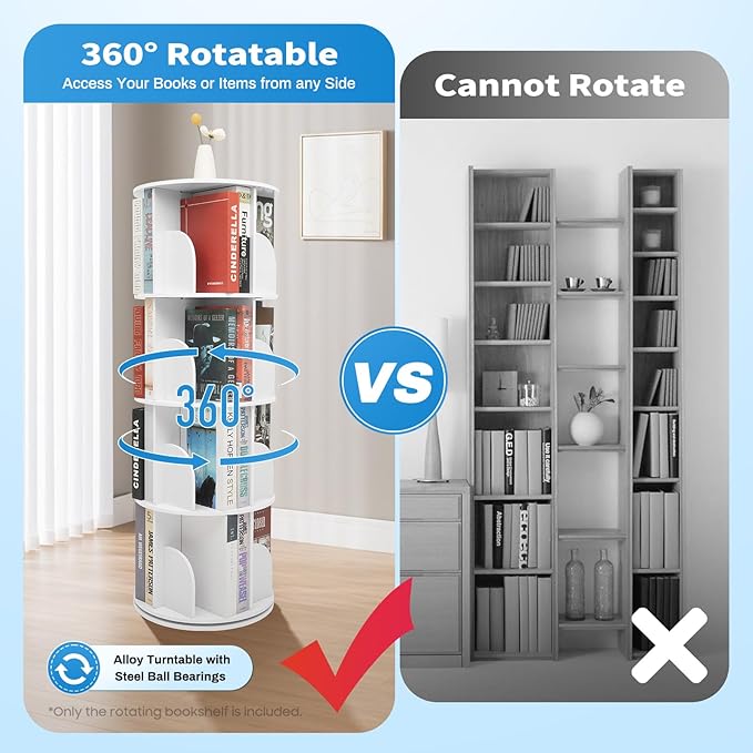 Rotating Bookshelf,360 Display Round Bookshelf,4 Tier Floor Standing Bookcase Storage Rack,Narrow Swivel Book Shelf Organizer for Bedroom,Living Room