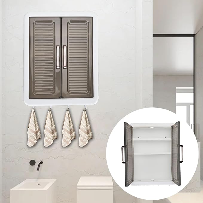 TOPINCN Wall Mounted Bathroom Cabinet, Makeup Organizer Shelf Perfume Cosmetic Display Cabinet with Hooks, Over The Toilet Storage Organizer Skincare Storage Rack for Bathroom