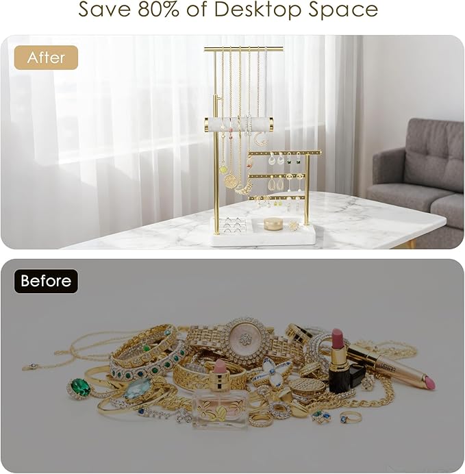 SZQINJI 5 Tier Jewelry Holder Organizer, Gold Jewelry Stand with Velvet Bracelet Holder, Adjustable Height Jewelry Display for Necklaces, Bracelets, Earrings, Rings, Gift Idea for Women, White