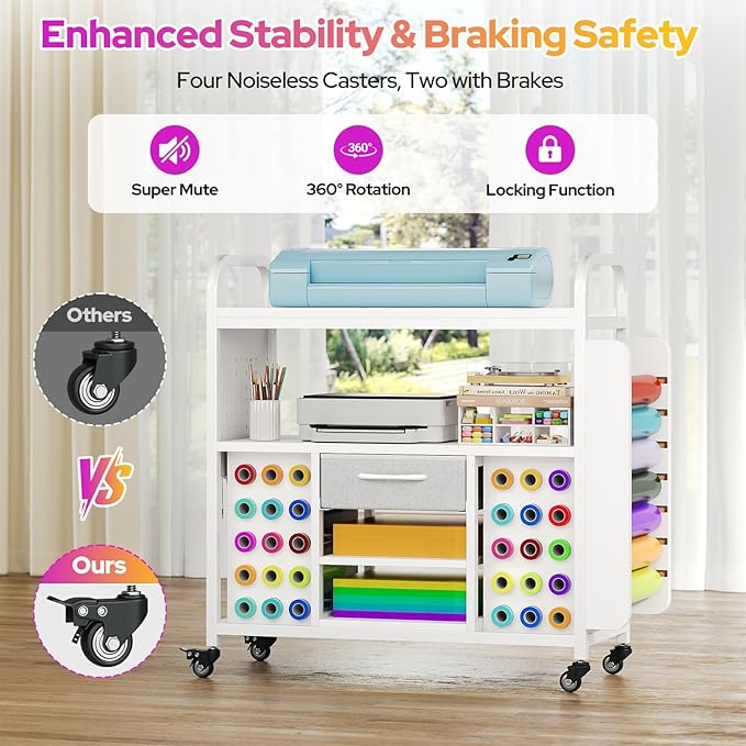 Craft Organization and Storage Cart, Large Rolling Craft Organizer Workstation with Vinyl Roll Holder & Hook up, Cutting Machine Stand Compatible for Cricut Machines, Craft Room