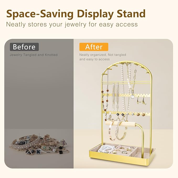 Multi-Functional Jewelry Holder Organizer Necklace Display Stand Velvet Lined Bar for Rings 2 Tier with 18 Hooks, 32 Earring Holes - Sturdy and Durable, Easy Organization Gold