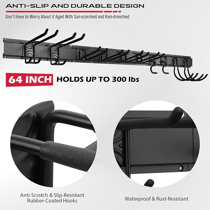 SEDY 64" Heavy Duty Garage Storage Tool Organizer Wall Mount - Tool Rack with Adjustable Hooks, Anti-Rust, 300lbs Capacity - Easy Installation (4 Racks, 10 Hooks, 3 Straps)