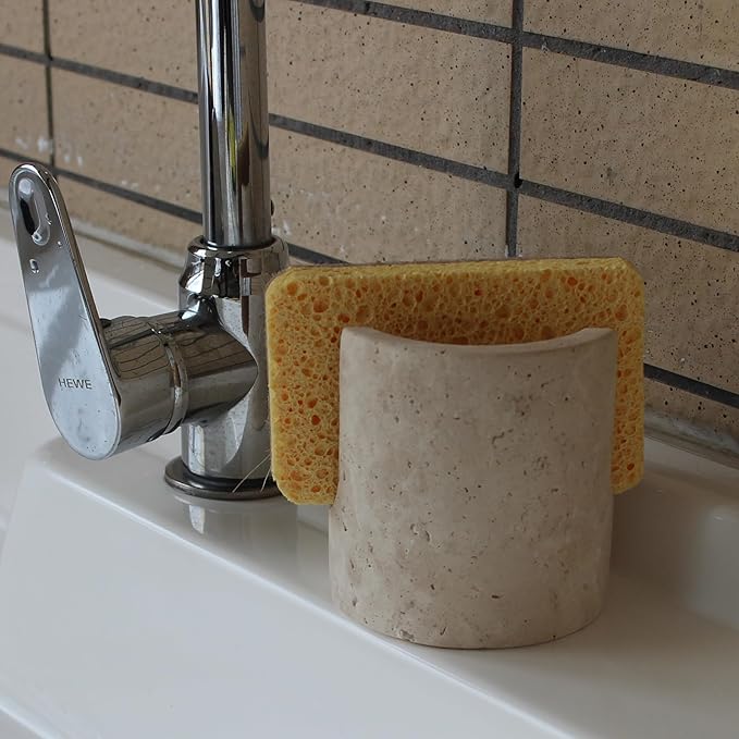 Natural Marble Travertine Sponge Holder for Kitchen Counter, Drying Rack, Sponge Caddy for Sink Organizer - Beige Travertine