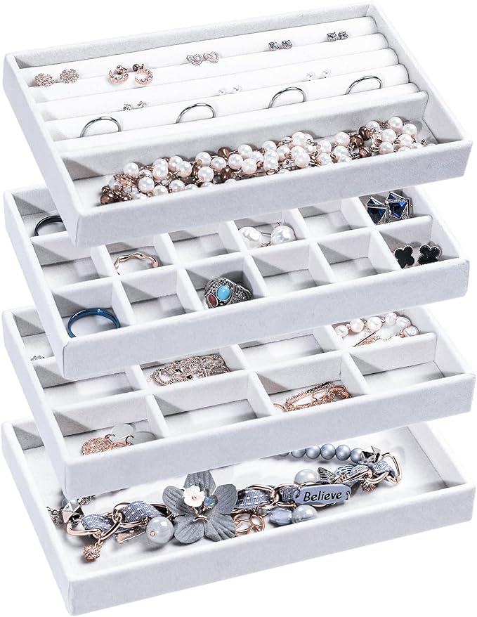 Frebeauty Jewelry Organizer Tray,Stackable Velvet Jewelry Trays,Drawer Inserts Earring Organizer For Women Jewelry Storage Display Case for Rings Stud Necklaces,Set of 4(White)