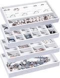 Frebeauty Jewelry Organizer Tray,Stackable Velvet Jewelry Trays,Drawer Inserts Earring Organizer For Women Jewelry Storage Display Case for Rings Stud Necklaces,Set of 4(White)