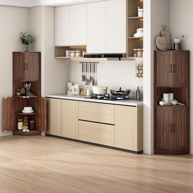Tall Corner Cabinet, 64.7" Corner Storage Cabinet with 4 Doors and 5 Storage Shelves, Farmhouse Space Saver with Arched Door Design for Living Room, Kitchen, Bathroom, Office