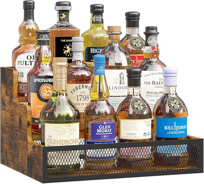 3-Tier Liquor Bottle Display Shelf, Rustic Wooden Bottle Holder Stand for Liquor Whiskey Wine Coffee Bottle Display with Fences, Storage Countertop Shelf for Café, Bar, Office Station