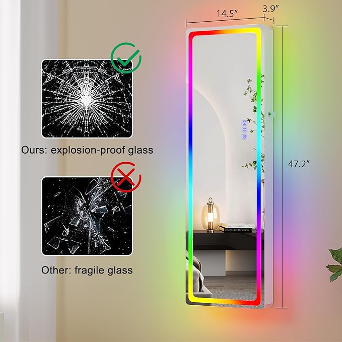 HNEBC LED Mirror Jewelry Cabinet with RGB Lights,47.2" Wall Mounted Jewelry Organizer with Full-Length Mirror,Over The Door Hanging Jewelry Armoire Storage Cabinet,Folding Dresser,2 Drawers,Lockable