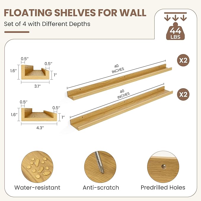 Fun Memories Picture Ledge Shelf, Floating Shelves Set of 4, 40 Inch Picture Shelves for Wall with Ledge, Large Nursery Book Shelf for Toys Storage, Living Room, Bedroom Decor Frames, Oak