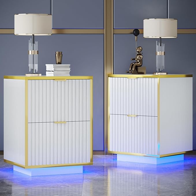 Fluted Nightstand Set of 2, White End Table with LED, Modern Floating Night Stand with Base, Bedside Table with Storage, End Table with Drawers for Bedroom, White and Gold
